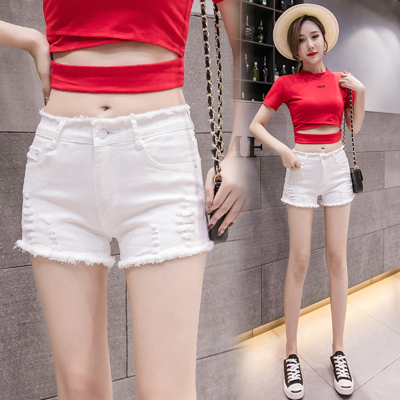 High-waisted denim shorts back view