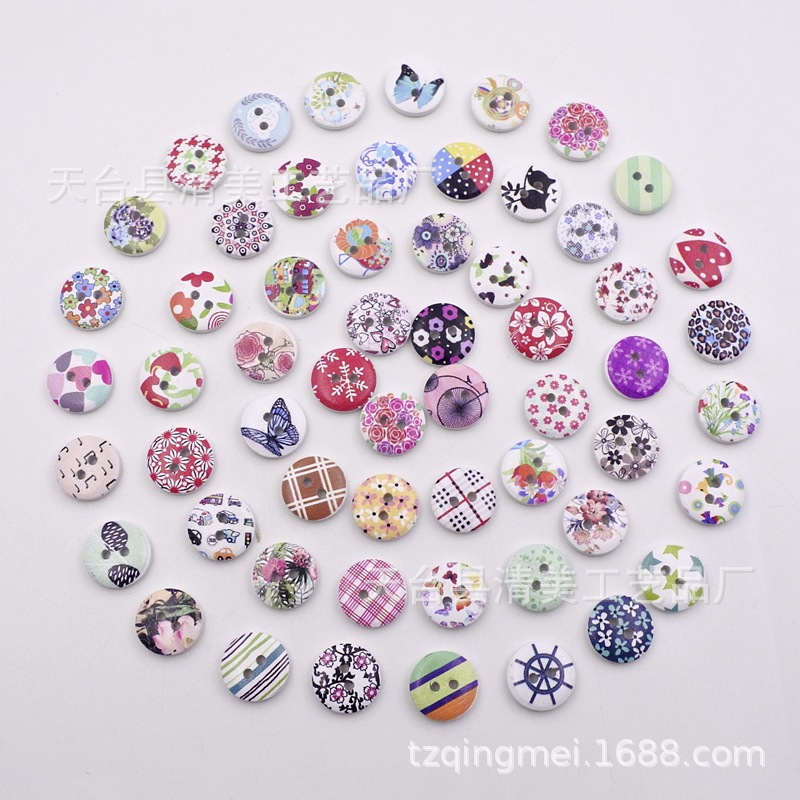 15mm fondo blanco pintado de madera botones decorativos de madera impreso flores y plantas, botones de rayas a cuadros 100 un paquete