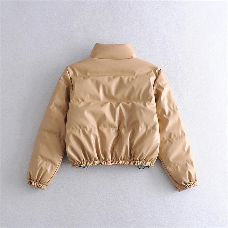 Damenbekleidung lässig einfarbig einfache Leder Baumwollkleidung für Damen Winter neue kleine Stehkragen Pu-Jacke_voghion.com