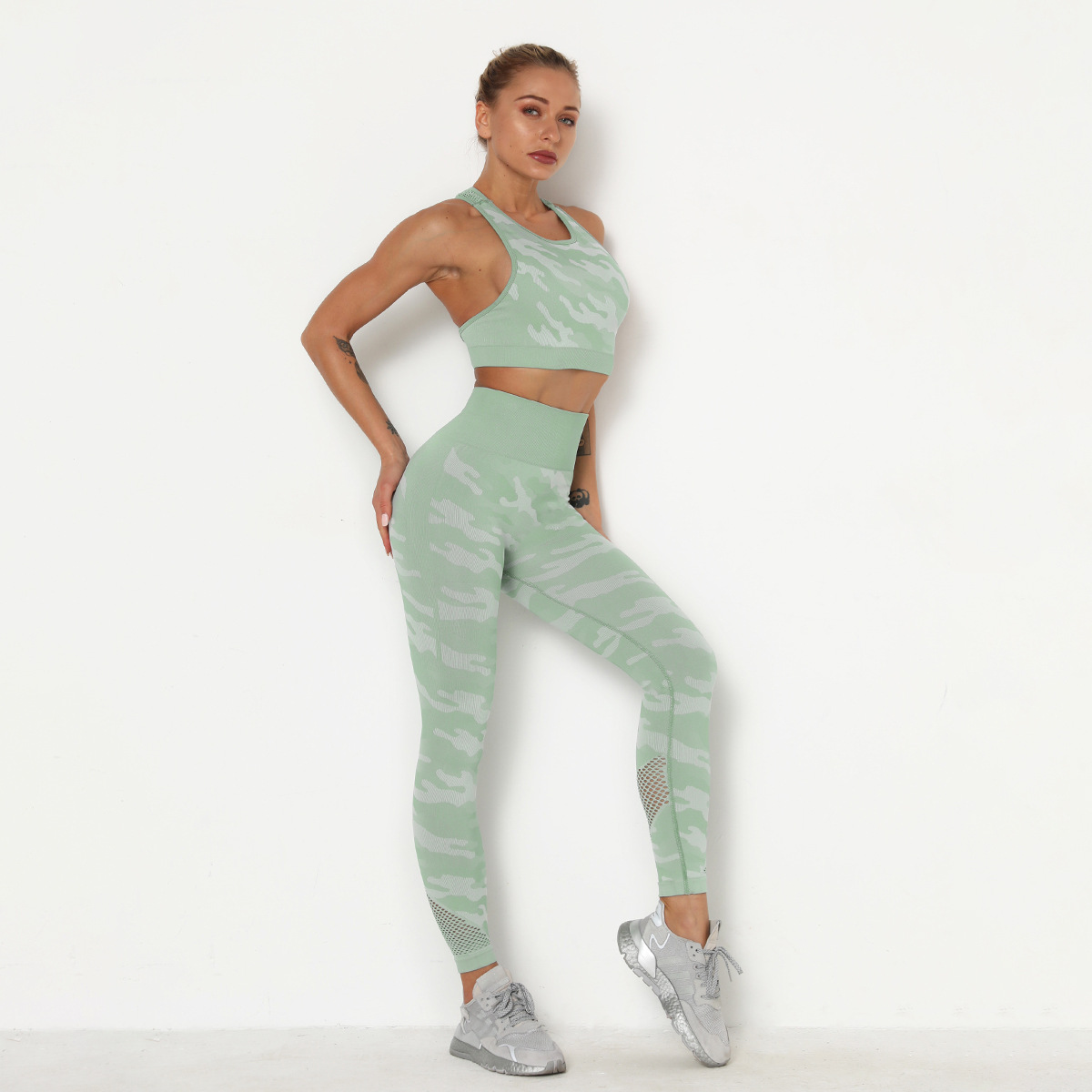 seamless knit camouflage yoga suit two-piece set NSLX9018