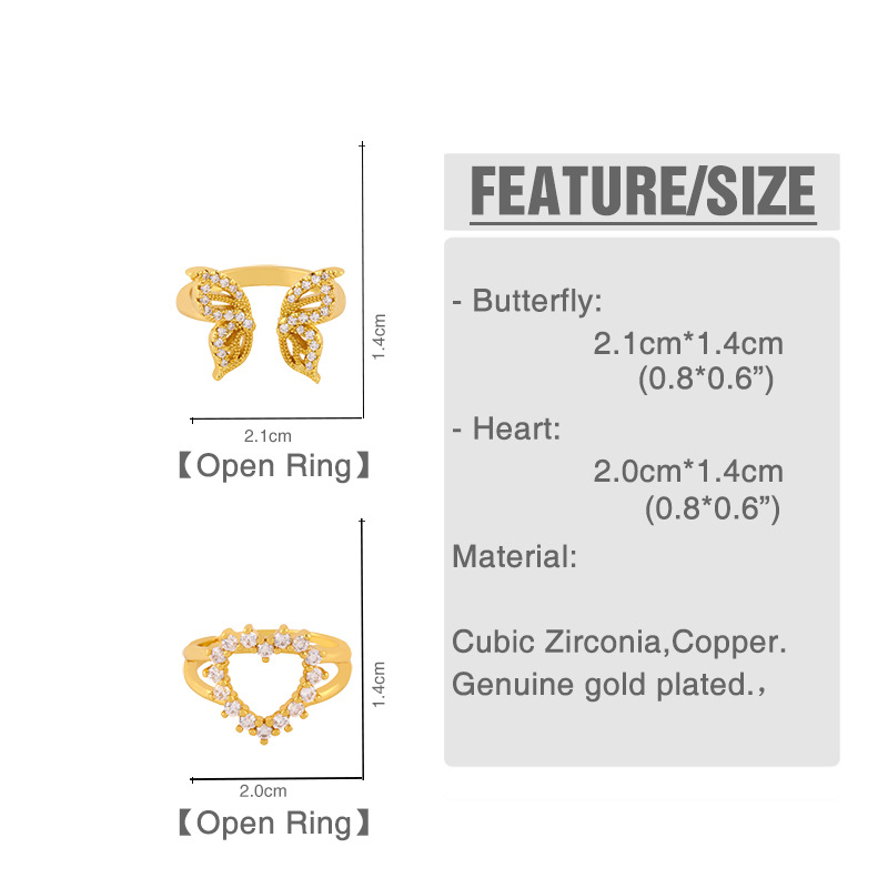 Bague Papillon Bague En Cuivre Mode Bague Ouverte Sauvage Diamant Bague En Forme De Coeur Bague En Gros Nihaojewelry display picture 2