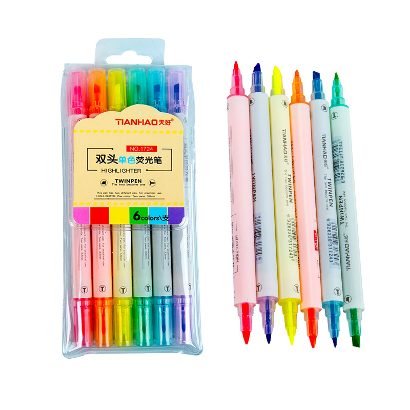 1724 de doble cabeza color resaltador estudiante DIY diario pluma 1PVC Bolsa 6 colores 6 piezas oblicuo cabeza redonda marcador pluma