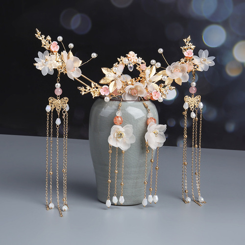 Hanfu Headwear for Women, Ancient Style with Flowing Silks, Hairpin with Gold Color, Hair Comb for Brides, Hair Adornments for Girls, Ethereal Set