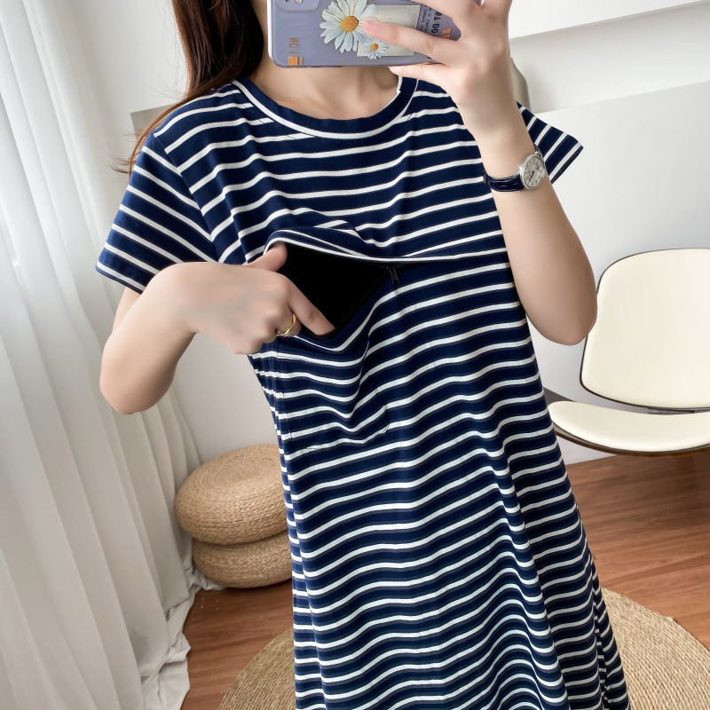 8874 Dress Summer Breastfeeding Striped Fashion New Short-sleeved Postpartum Breastfeeding Long Dress for Pregnant Women Spring and Summer Clothes