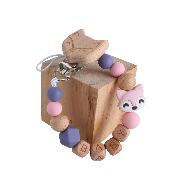 Bebé haya zorro chupete clip de juguete de dibujos animados bebé nombre silicona pequeño zorro mordedor chupete cadena