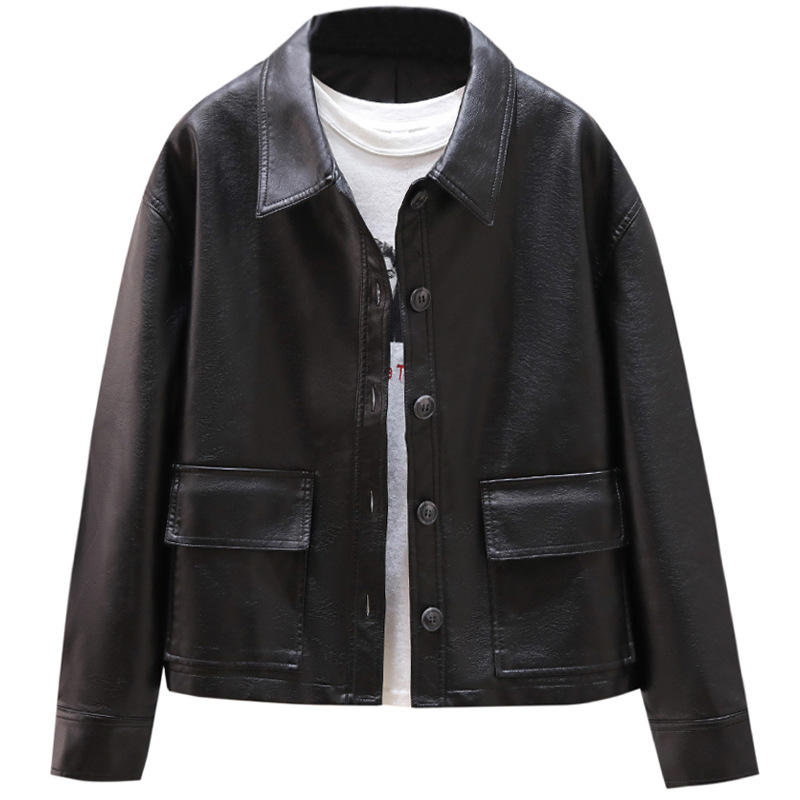 2020新款春秋短款PU小皮衣女襯衫領百搭落寬松BF複古港味夾克外套