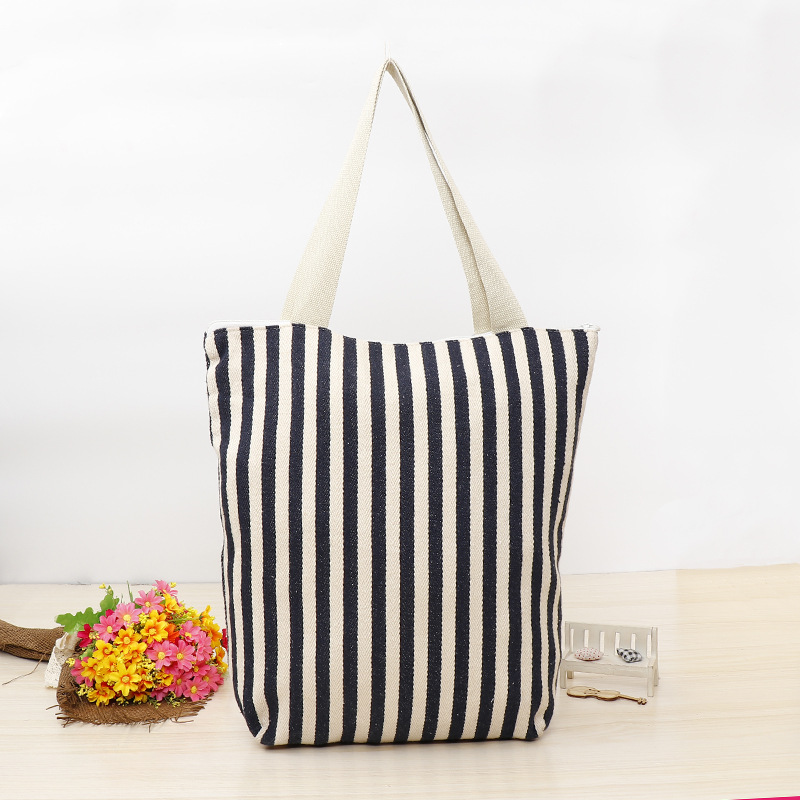 时尚黑色条纹帆布袋批发个性时尚女士帆布手提袋拉链式帆布袋定做