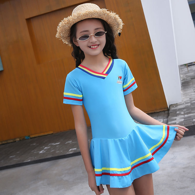 Traje de baño para niñas medio y grande niños estudiante Niña 8-14 años niños lindos deportes falda de manga corta buena tela traje de baño