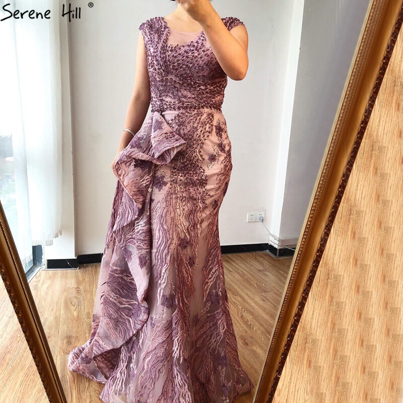 High-end Dubai Pink Mermaid Sleeveless Evening Dress Spoon Collar Lace Beaded Prom Dress LA70669