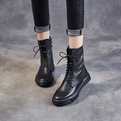 馬丁靴女2020秋冬新款系帶側拉鏈單靴中筒平底百搭真皮加絨短靴子