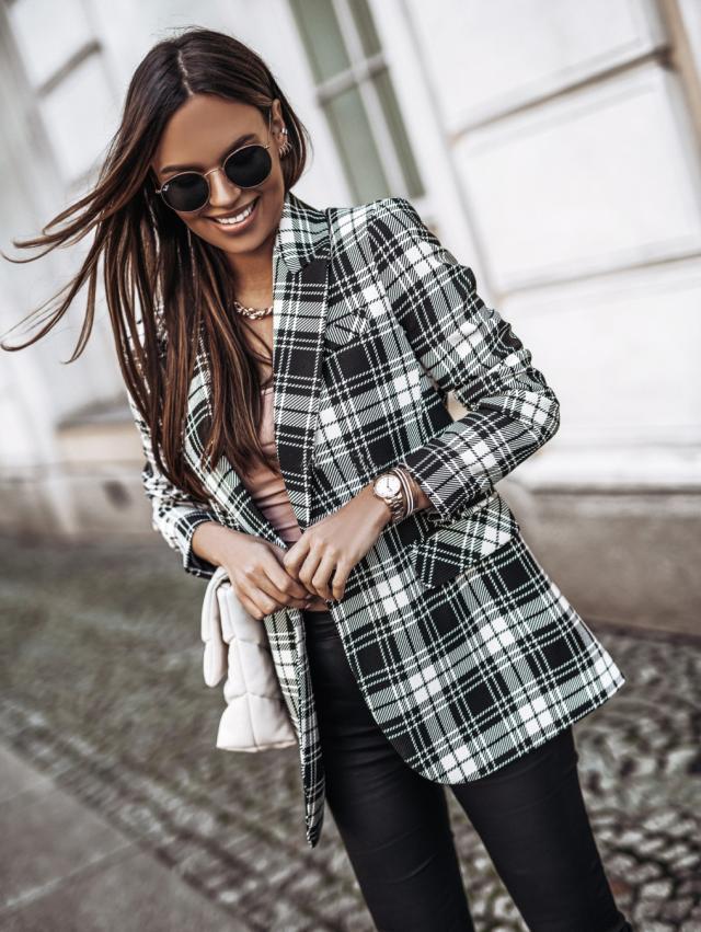 autumn and winter long-sleeved double-breasted plaid printed suit jacket NSYD9382