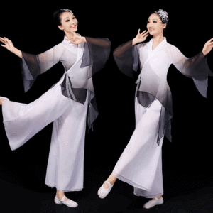 women chinese Yangko dance costumes folk dance performance clothes blue white gradient colored fan umbrella classical dance dresses