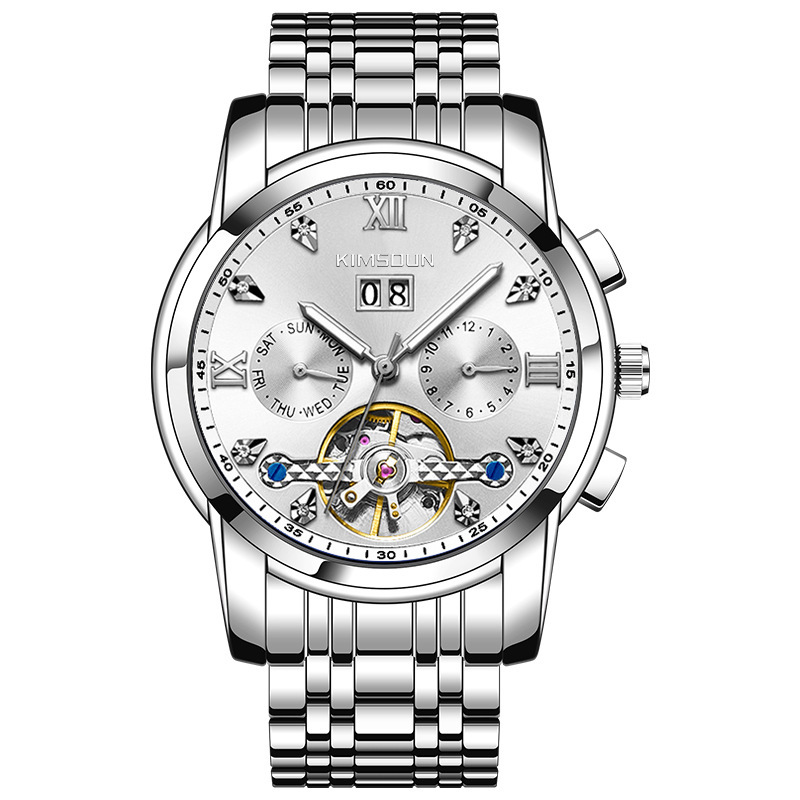 Kimsdun hombres correa de acero reloj mecánico automático calendario hueco volante impermeable reloj de pulsera mecánico K-1895A