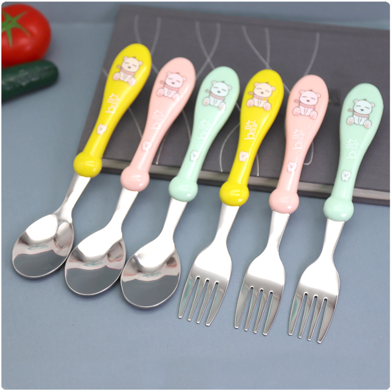 不锈钢儿童小学生勺叉家用婴儿勺子叉子防摔餐具可爱创意家用跨境