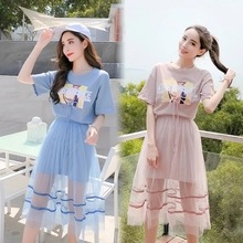 超火网纱连衣裙2020夏季新款韩版印花T恤裙子ins两件套女套装裙子