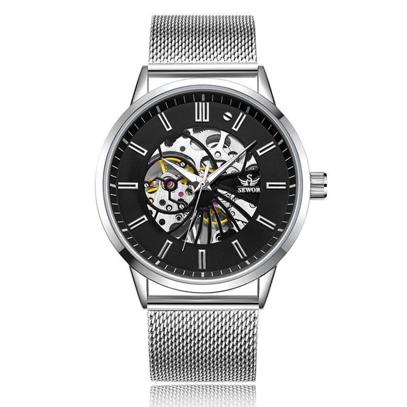 SEWOR moda de los hombres Milán malla reloj mecánico automático de negocios reloj mecánico hueco-fuera reloj transparente 1827