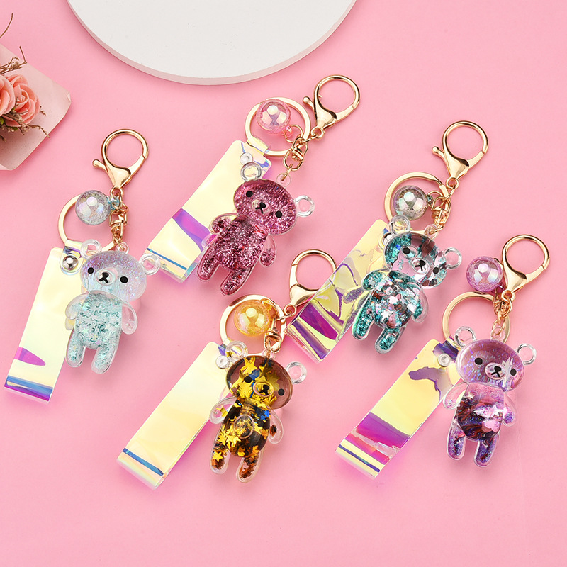 33g Weight Arylic Material Plating Design Light Blue, Pink, Purple, Green, Gold Color Korean Quicksand Acrylic Oiling Bear Keychain Wholesale Nihaojewelry 无