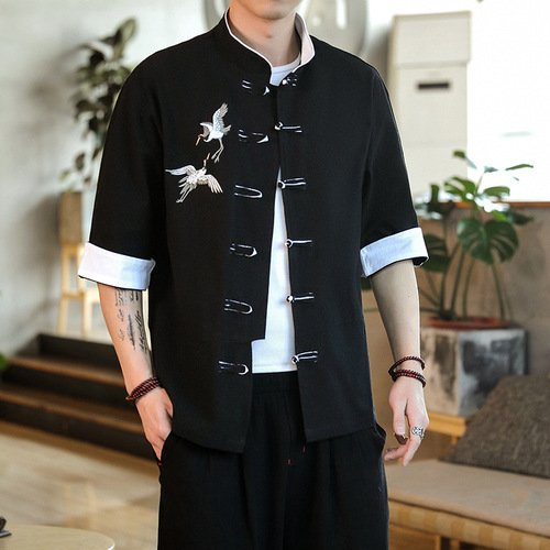 Chinese Tang suit  kung fu  shirt for men  Chinese wind cotton embroidery men leisure 7 minutes of sleeve shirt linen button hanfu restoring ancient ways