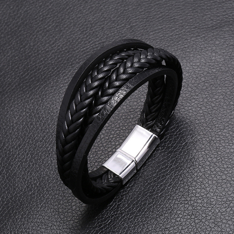 Men's Leather Bracelet, Multi-layer Woven Wristband With Magnetic Clasp_voghion.com