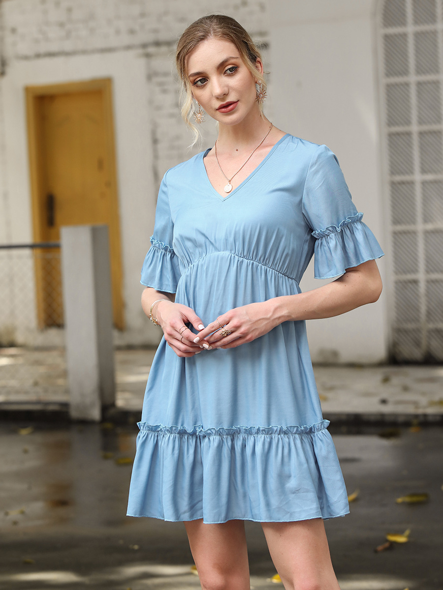  solid color casual dress short-sleeved ruffled midi skirt NSAL3267