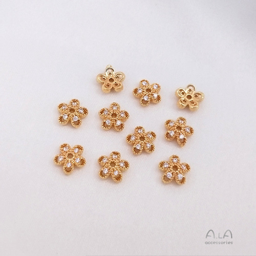 Color-preserving 14K gold-plated zircon flower tray, flashing zirconium snowflake tray, handmade diy bracelet, bracelet, beads, bead cap accessories