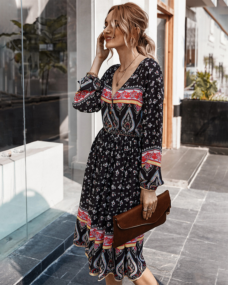 bohemian holiday style spring and summer new long-sleeved printed dress NSKA1050