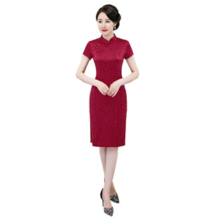 夏季新品喜婆婆婚宴裝真絲桑蠶絲丈母娘旗袍短袖中式修身氣質禮服