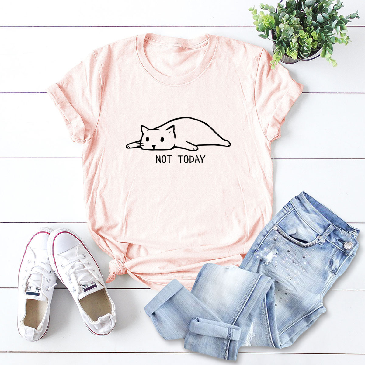 Loose Cat Casual Print Short Sleeve T-Shirt NSSN326