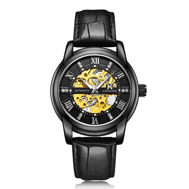 Ogulas AOKULASIC reloj mecánico automático para hombres hollow-out transparent flywheel Belt reloj 5066