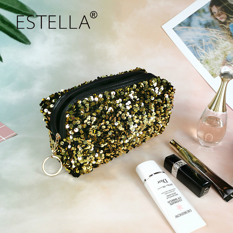Bolsa de maquillaje de lentejuelas fabricada en fábrica para mujer, bolsa de almacenamiento de viaje INS, exquisita bolsa de aseo portátil de gran capacidad, estilo INS al por mayor
