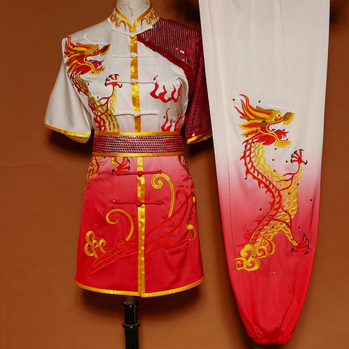 Tai chi clothing chinese kung fu uniforms changquan martial arts costume performance Costume Red and white gradual change high-grade competition performance costume