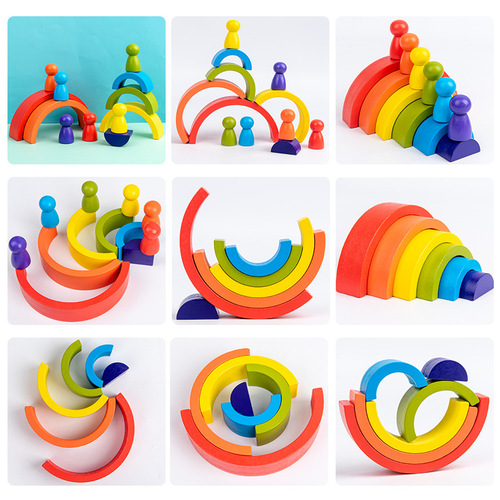 Wholesale wooden assembled rainbow house villain set bucket building block combination children's early education Jenga toys cross-border