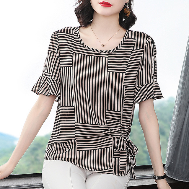 Stripe chiffon shirt women’s summer loose top fashion short sleeve blouse