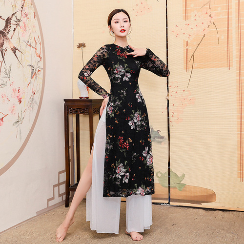 Classical dance practice clothes for women female black floral qipao dress rhyme printed lace elegant cheongsam Chinese style folk dance costumes