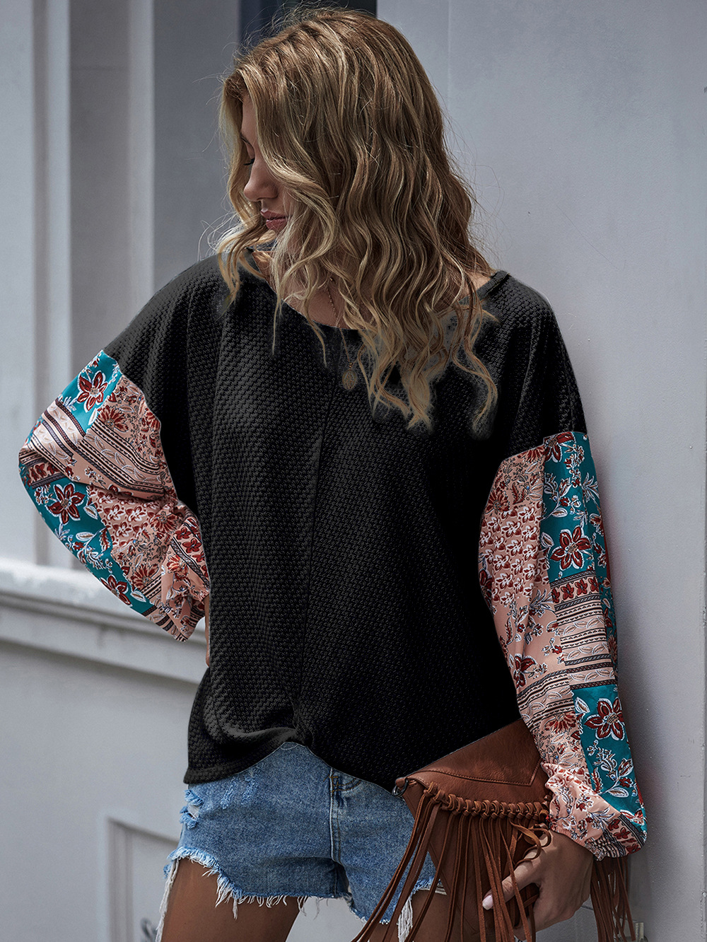 printed stitching long-sleeved bohemian casual T-shirt top NSDF2602