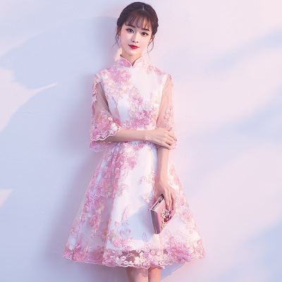 Chinese Evening Dress pink lace chinese dress Cheongsam for women girls Short Bridesmaid Dress miss etiquette car model Long Sleeve model show singers photos Qipao