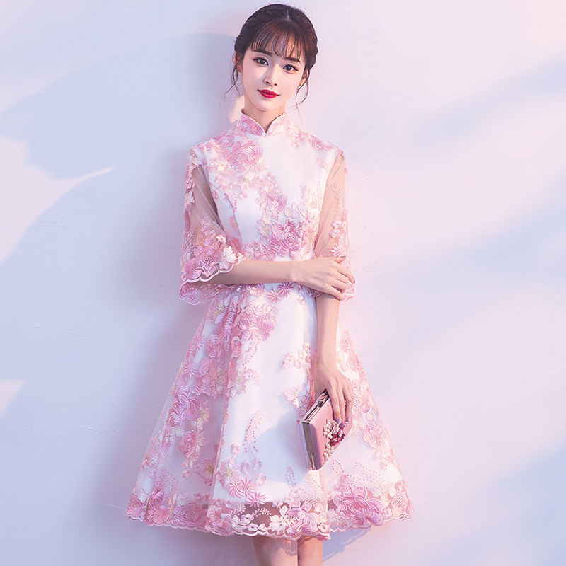 Chinese Evening Dress pink lace chinese dress Cheongsam for women girls Short Bridesmaid Dress miss etiquette car model Long Sleeve model show singers photos Qipao