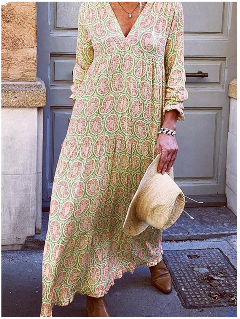 175g Weight Maxi Long Dress Dress Length Type Long Sleeve Sleeve Length Regular Dress Dresses Type Regular Sleeve Sleeve Type Wholesale Women's Streetwear Printing Printing Street V Neck Long Sleeve Regular Dress