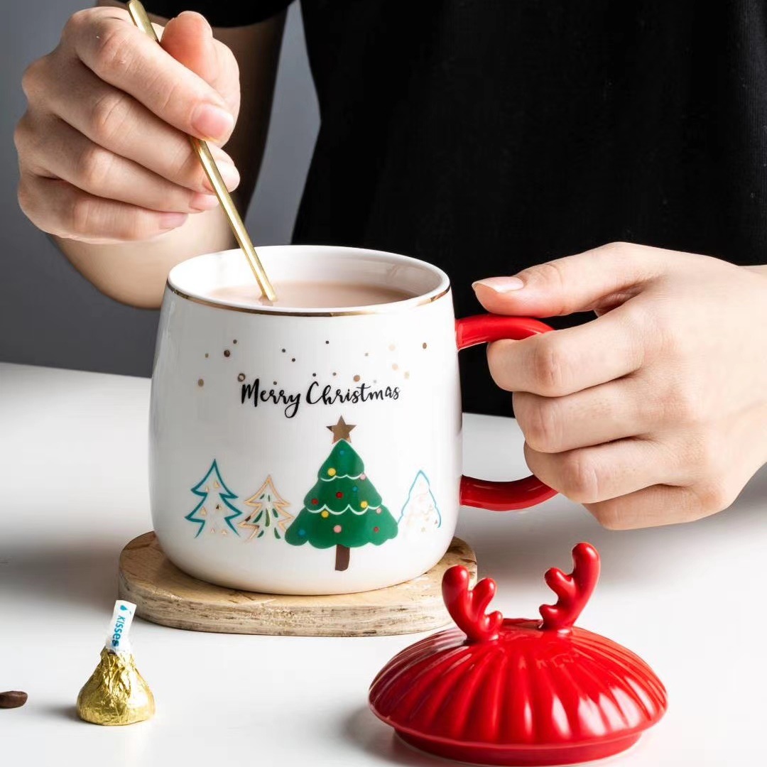 Santa alce taza con tapa cuchara regalo taza de café estilo nórdico cerámica taza de agua Oficina personalidad taza