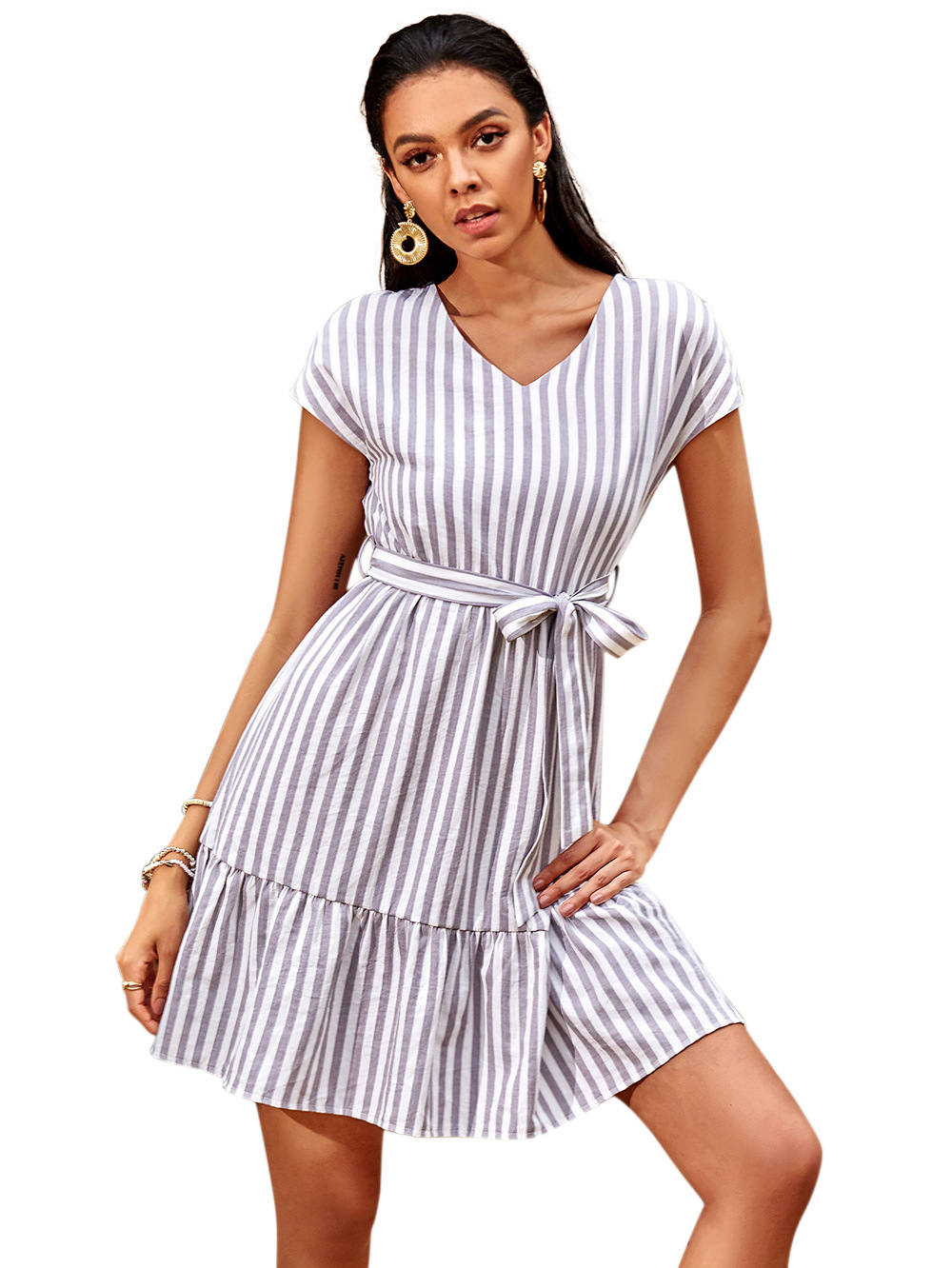 fashion casual British temperament lace bow striped women s V-neck dress NSDF1541