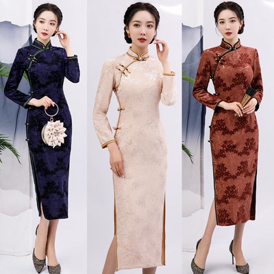 Women oriental qipao dresses Plush Chineses dresses long sleeve Cheongsam women's long button Qipao skirt