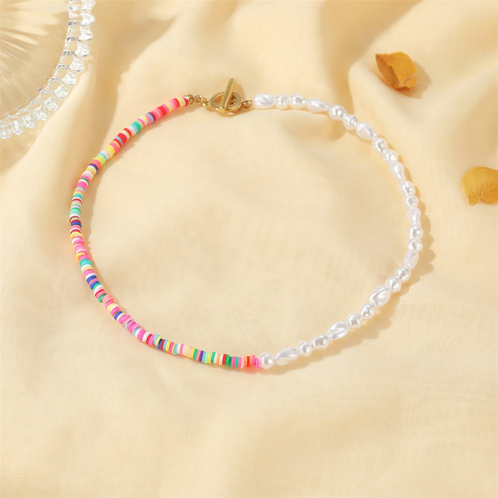 New Bohemian Style Colored Soft Ceramic White Pearl Clavicle Chain Contrast Color Alloy Necklace display picture 5