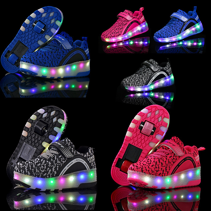 Chaussures flash lumineuses rondes simples pour garçons, patins à roulettes pour filles, chaussures lumineuses colorées, modèle de commutateur invisible automatique_voghion.com
