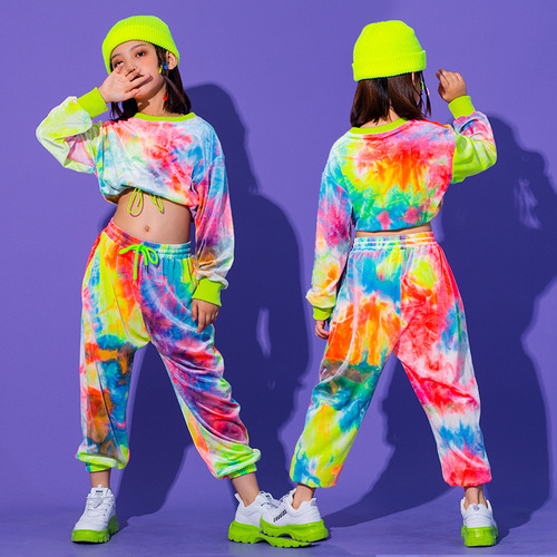 Girls colourful hip hop dance costumes street dance  show outfits children stage performance  jazz dance jacket and pants