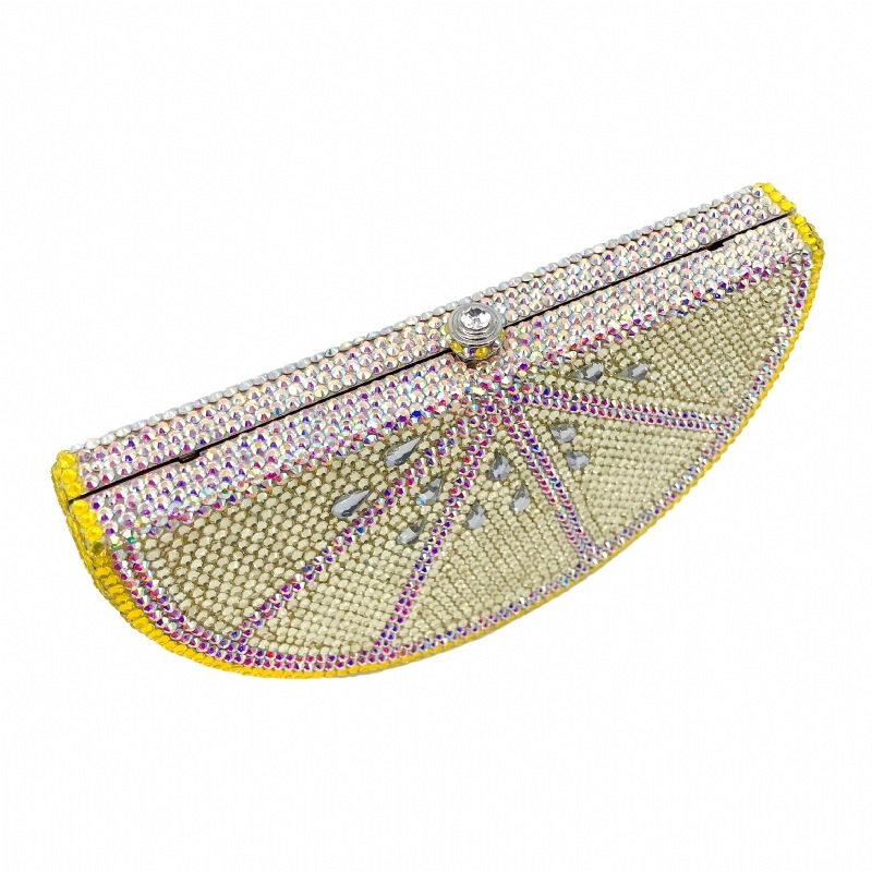 Túi clutch nữ đính đá hình quả chanh, hộp cứng kim cương đáy phẳng, kèm dây xích 48 cm — Màu vàng chi tiết 10