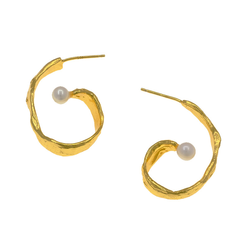Asymmetrical matte golden earrings handmade pearl
