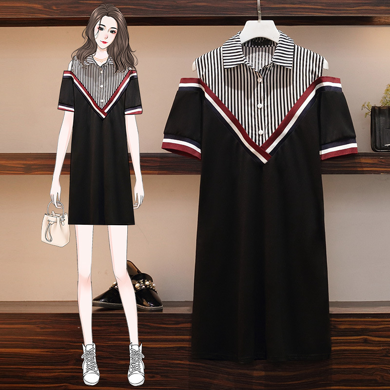 加大码女装2020夏季新款韩版微胖mm妹妹遮肚显瘦条纹拼接连衣裙潮|ms