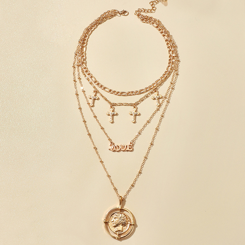 New Fashion Retro Cross Love   Pendant Multi-layer Necklace display picture 1