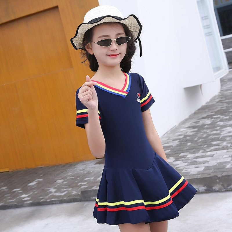 Traje de baño para niñas medio y grande niños estudiante Niña 8-14 años niños lindos deportes falda de manga corta buena tela traje de baño