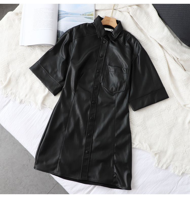 Z家yuan货  PU皮面料  春秋水洗仿羊皮潮流洋气修身短袖连衣裙女